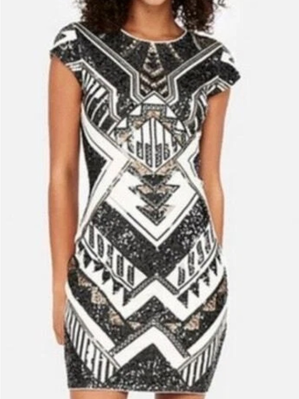 EXPRESS Women Deco Sequin Aztec Black Gold Cap Sleeve Cotton Sheath Dress Medium